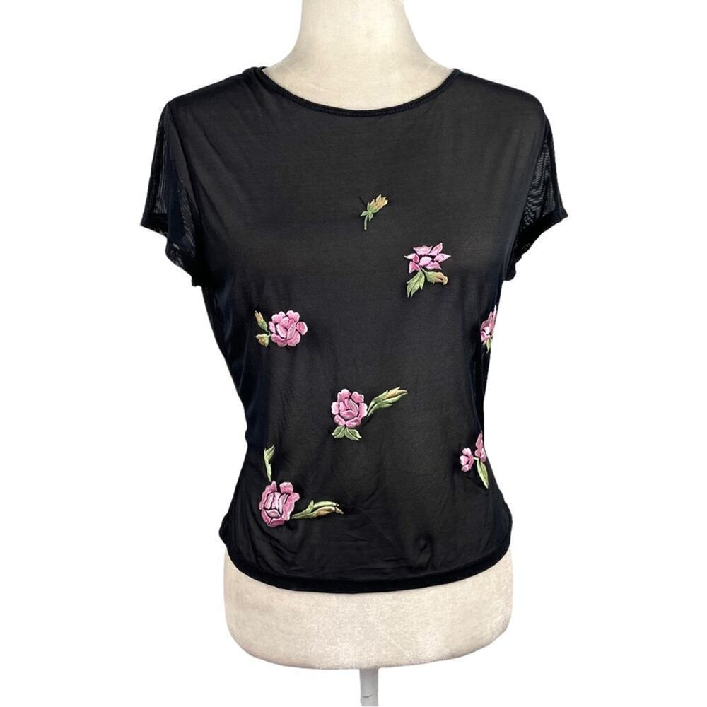 VTG Victoria's Secret Sheer Mesh Floral Embroidered Black Crop Top Size Small